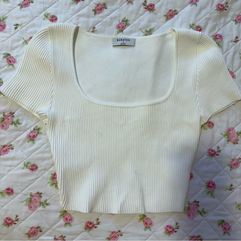 Babaton Cream Ribbed Crop Top